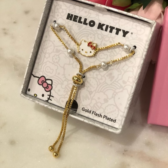 Hello Kitty Sanrio Yellow Gold Flash Plated Lariat Bracelet Imitation Pearls - Picture 5 of 8
